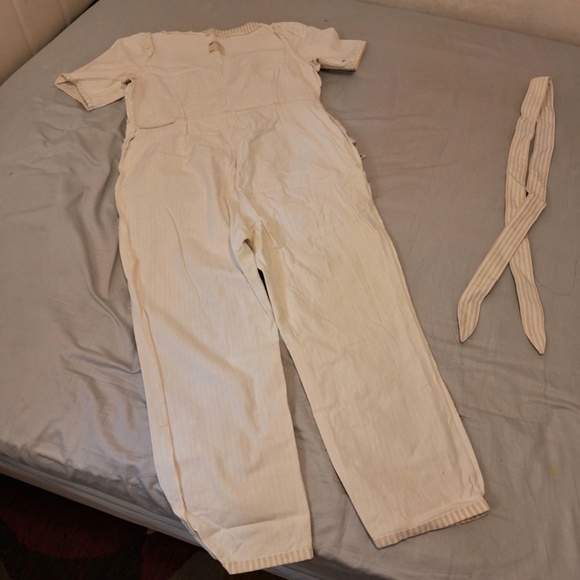 Striped Cotton Jumpsuit Sweetheart Neckline Tie Waist White Grey US12 - US14 - Picture 10 of 11